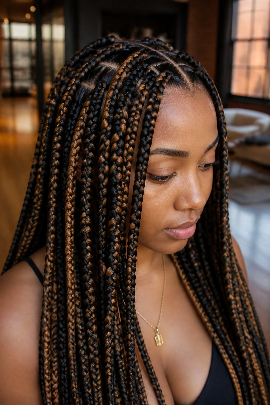 Close-up of caramel swirl highlights in knotless braids on a real person.