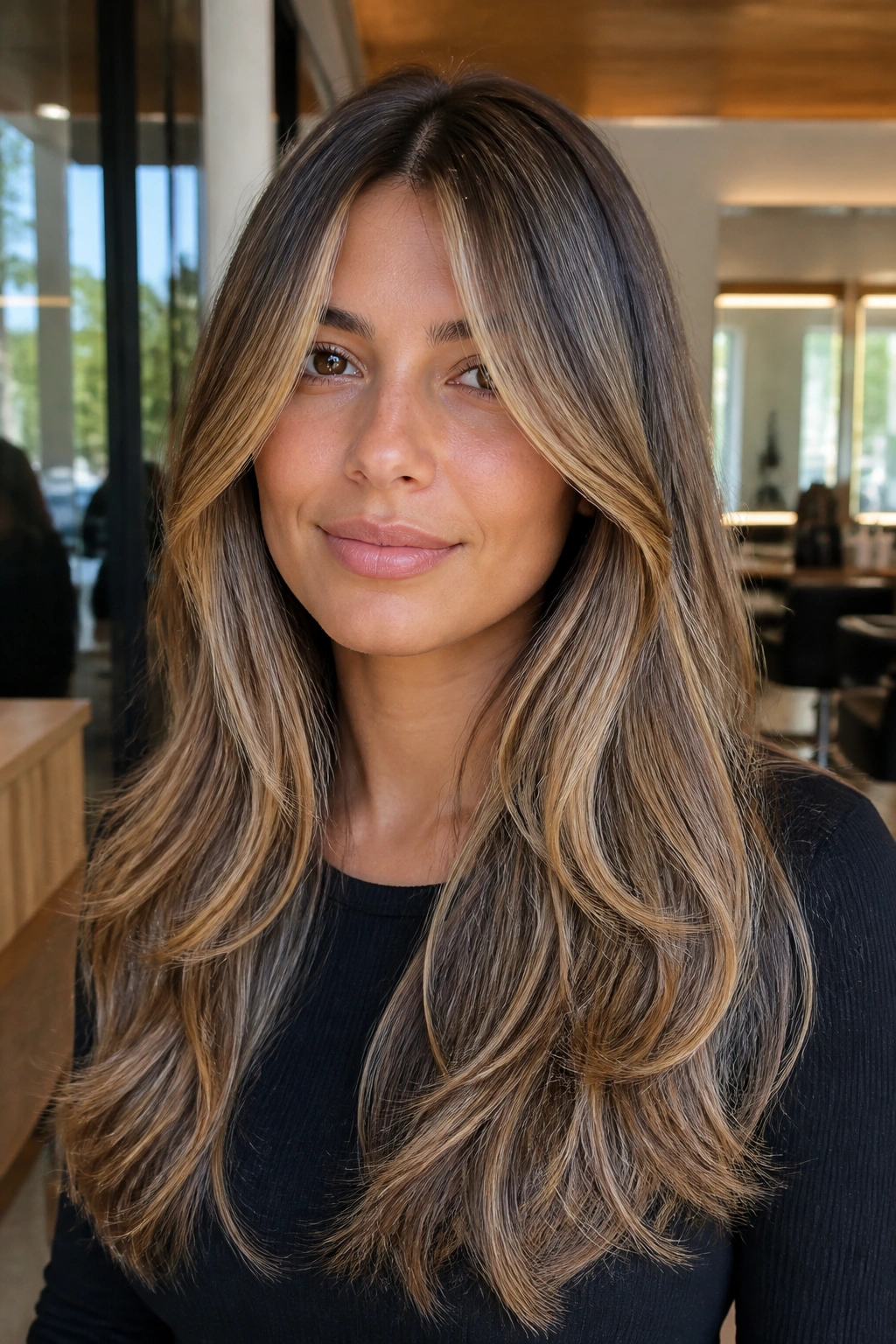 Close-up of a real woman with center-parted hair and bottleneck bangs in a modern salon