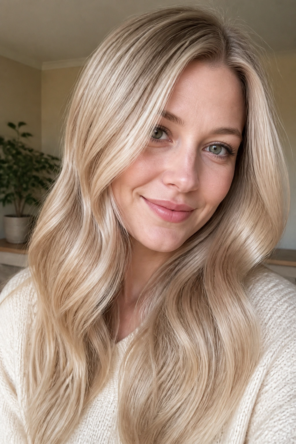 Close-up portrait of a real person with champagne blonde hair and pale skin