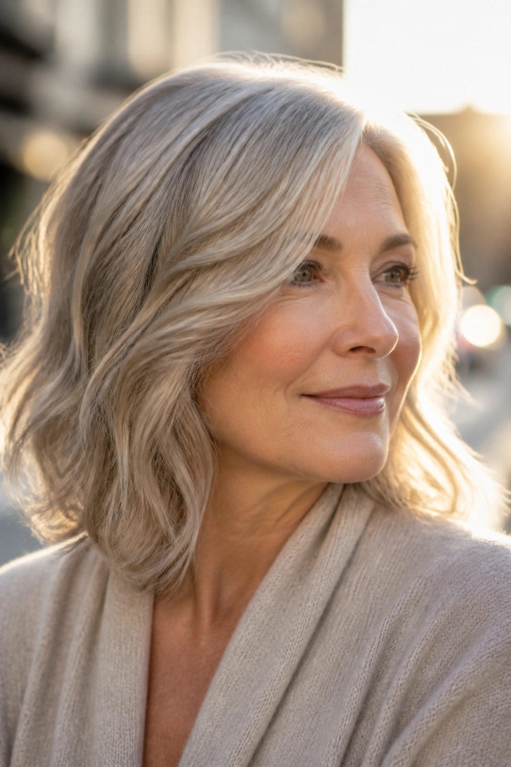 Close-up portrait of a real person with champagne silver hair and warm undertones