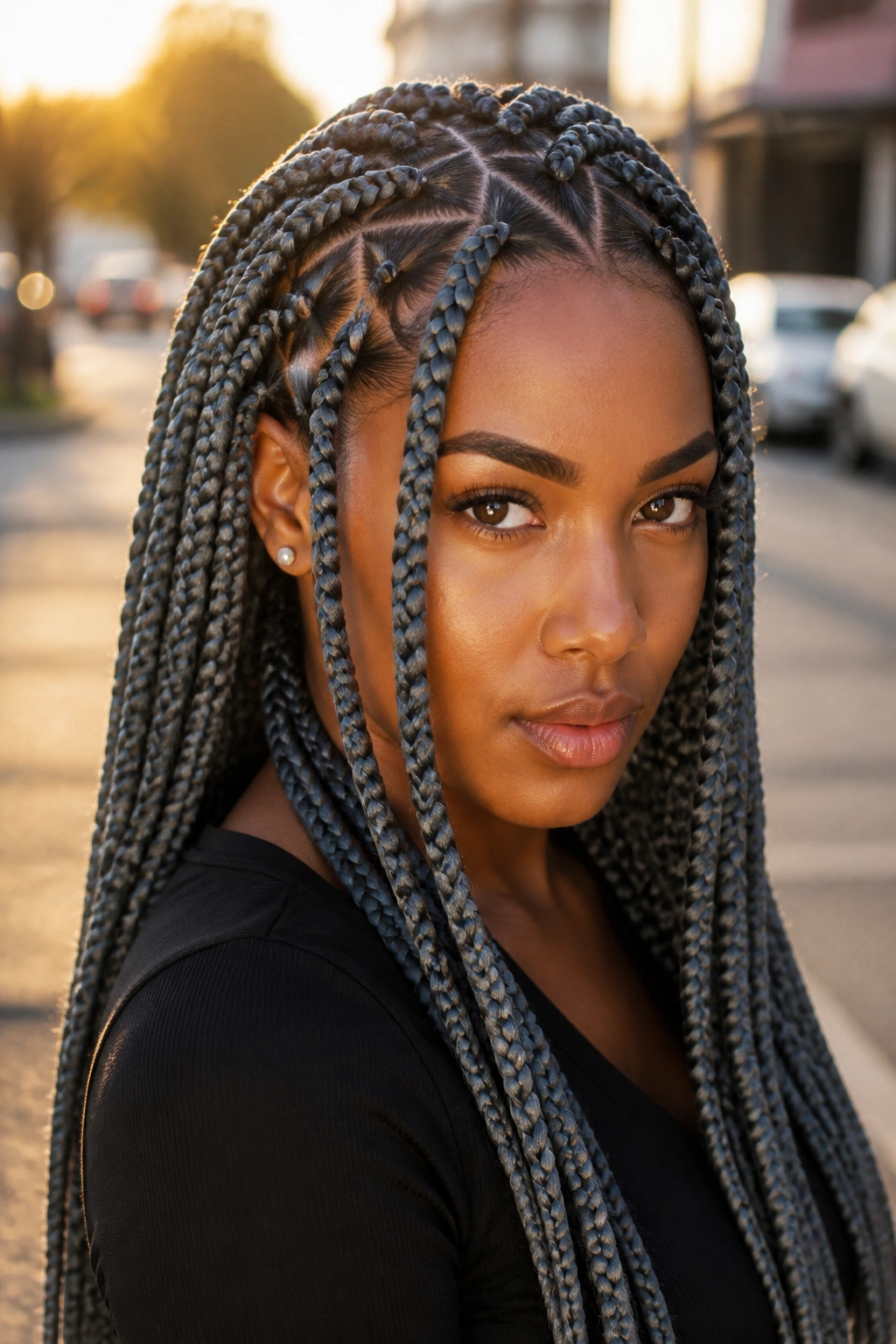 Real person with triangle-part charcoal braids