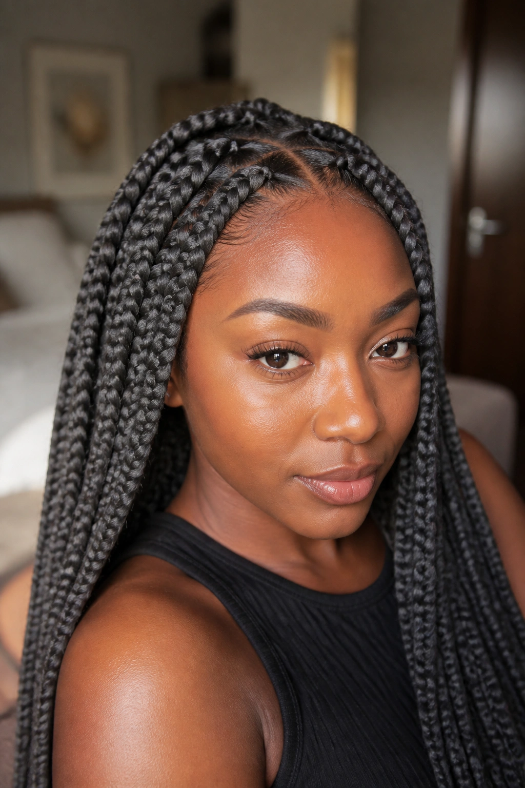 Front-facing portrait of a person with charcoal grey knotless jumbo braids