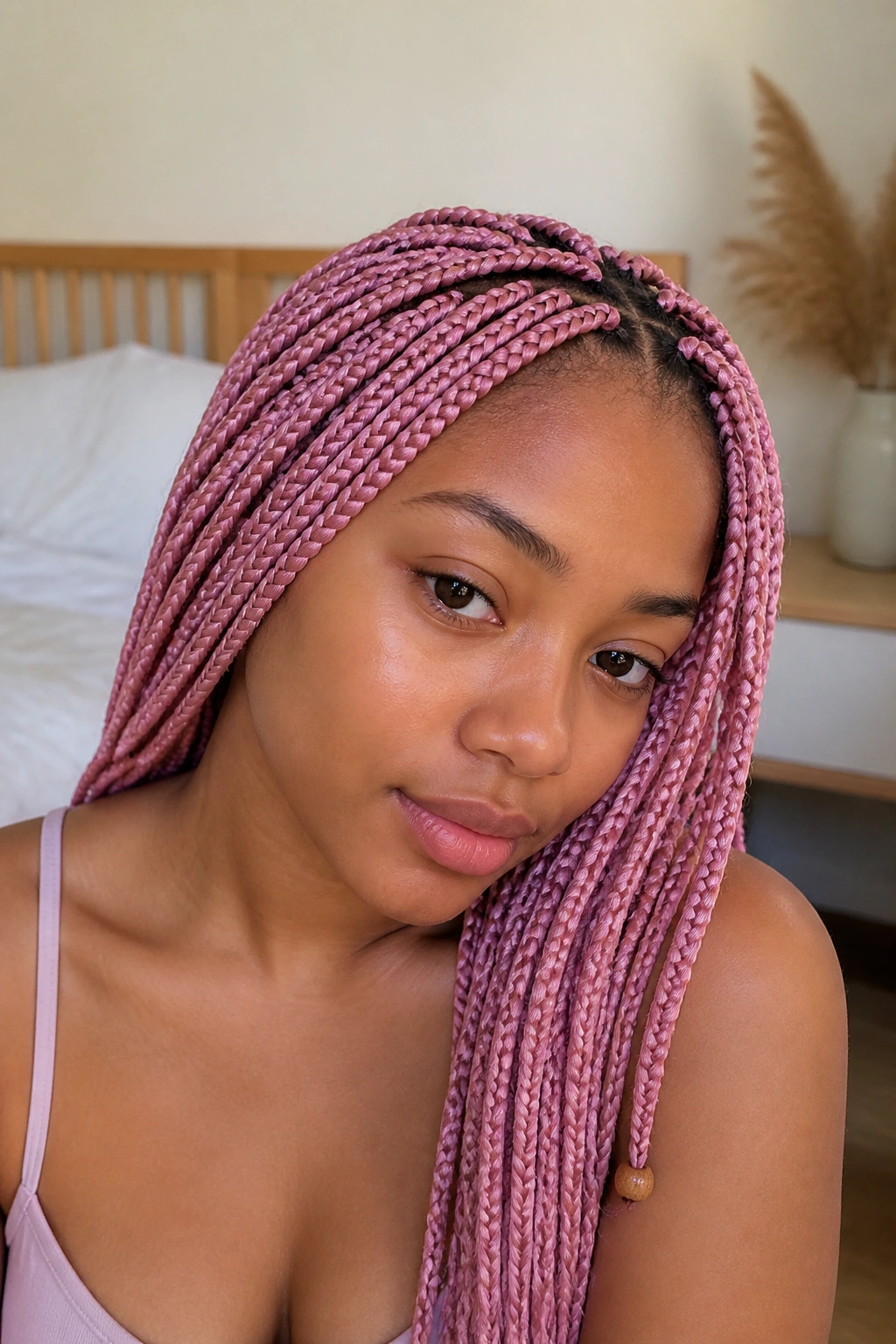 Close-up of a real person with cherry blossom pink micro-braids and a single wood bead