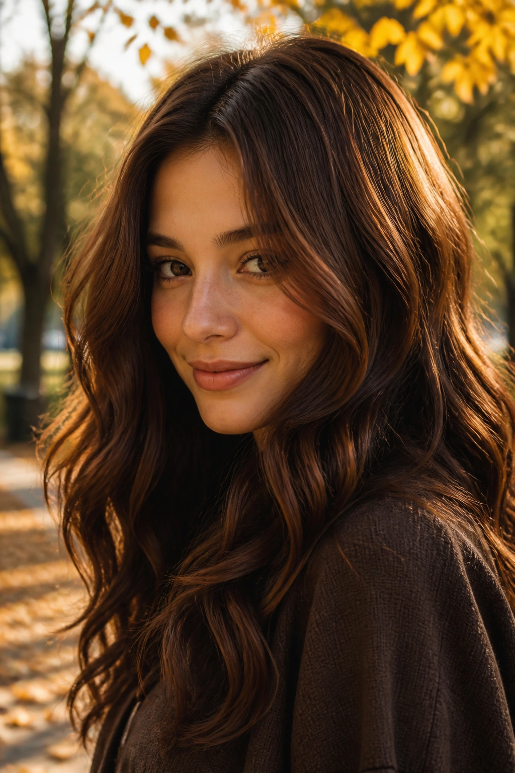 Close-up of a real person with chestnut brown hair in warm copper cocoa tones in an autumn park.