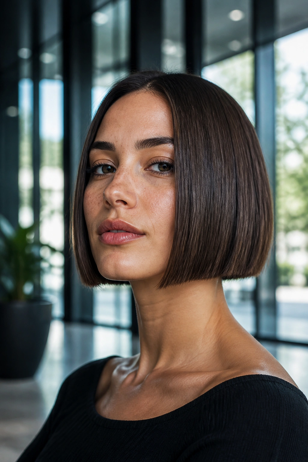 Real woman with chin-length blunt bob in bright lobby setting