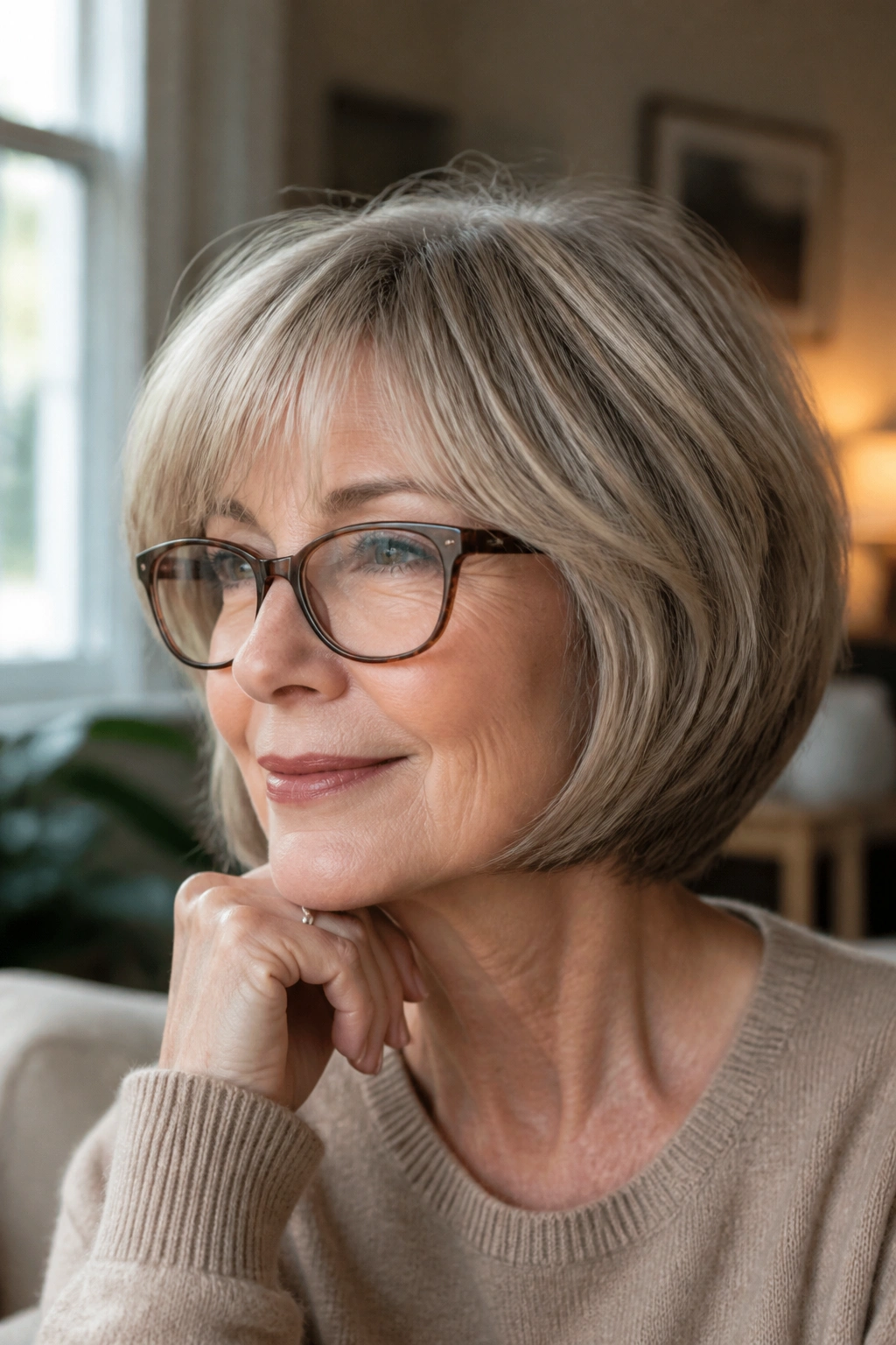 Close-up of a real woman with a soft layered chin-length bob.