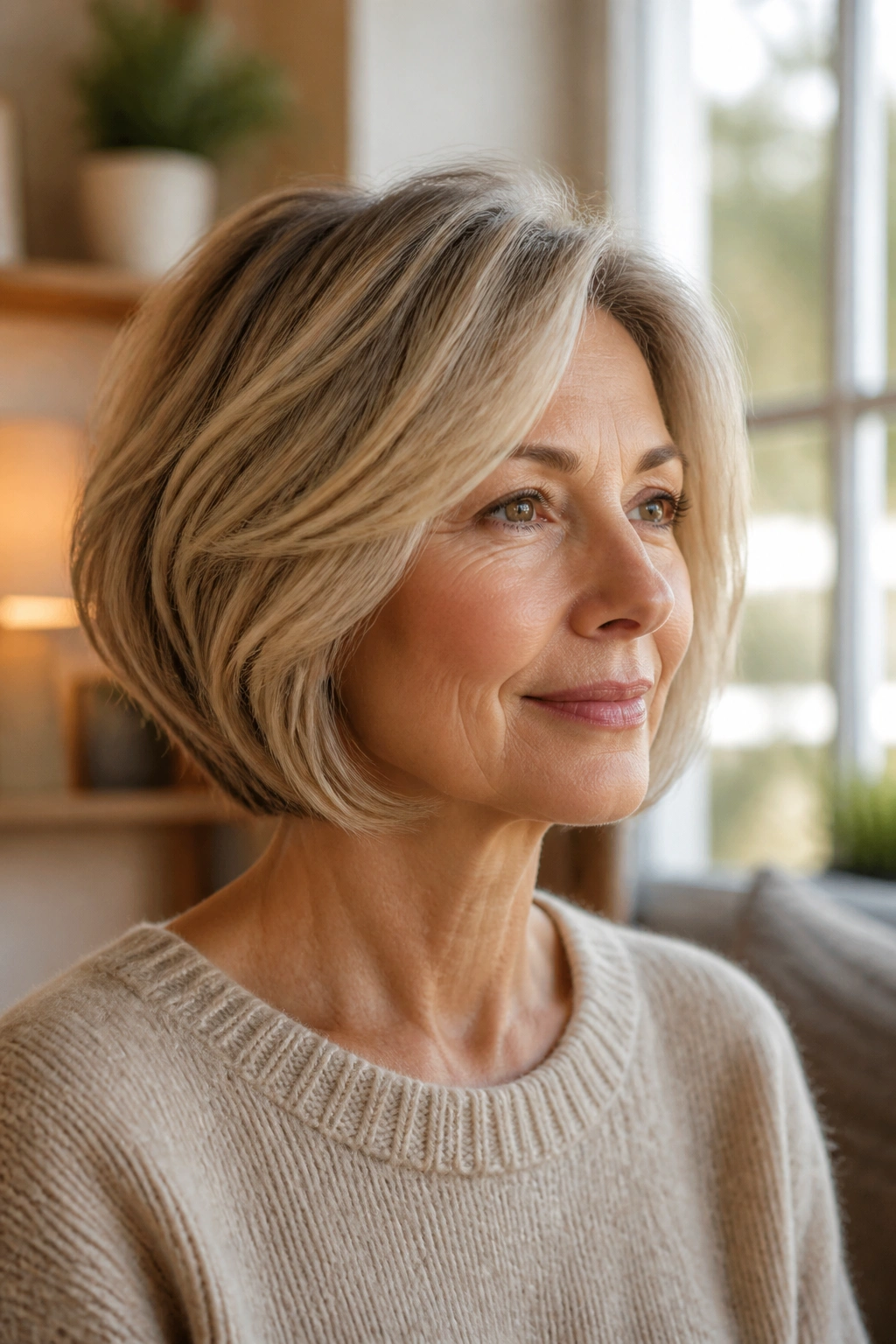 Close-up of a real woman with a chin-length layered bob and soft ends highlighting jawline