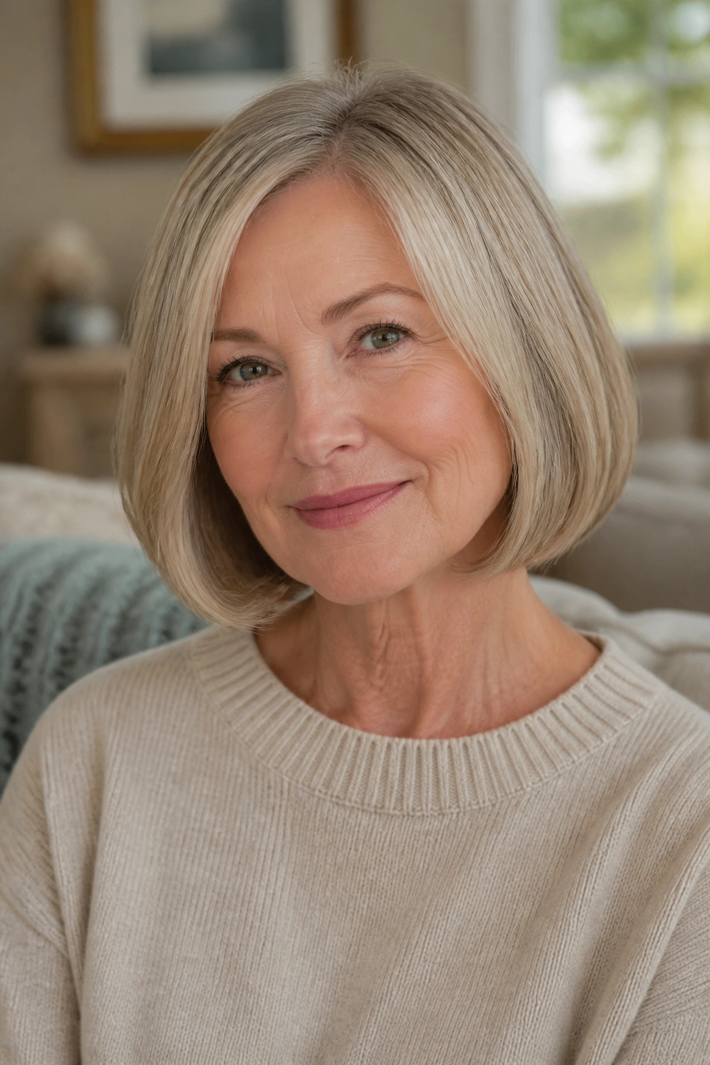Close-up portrait of a real woman with chin-length bob and soft beveled ends in natural light