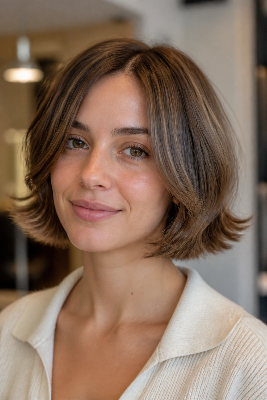 Close-up of a real person with a chin-length cut and soft flipped ends