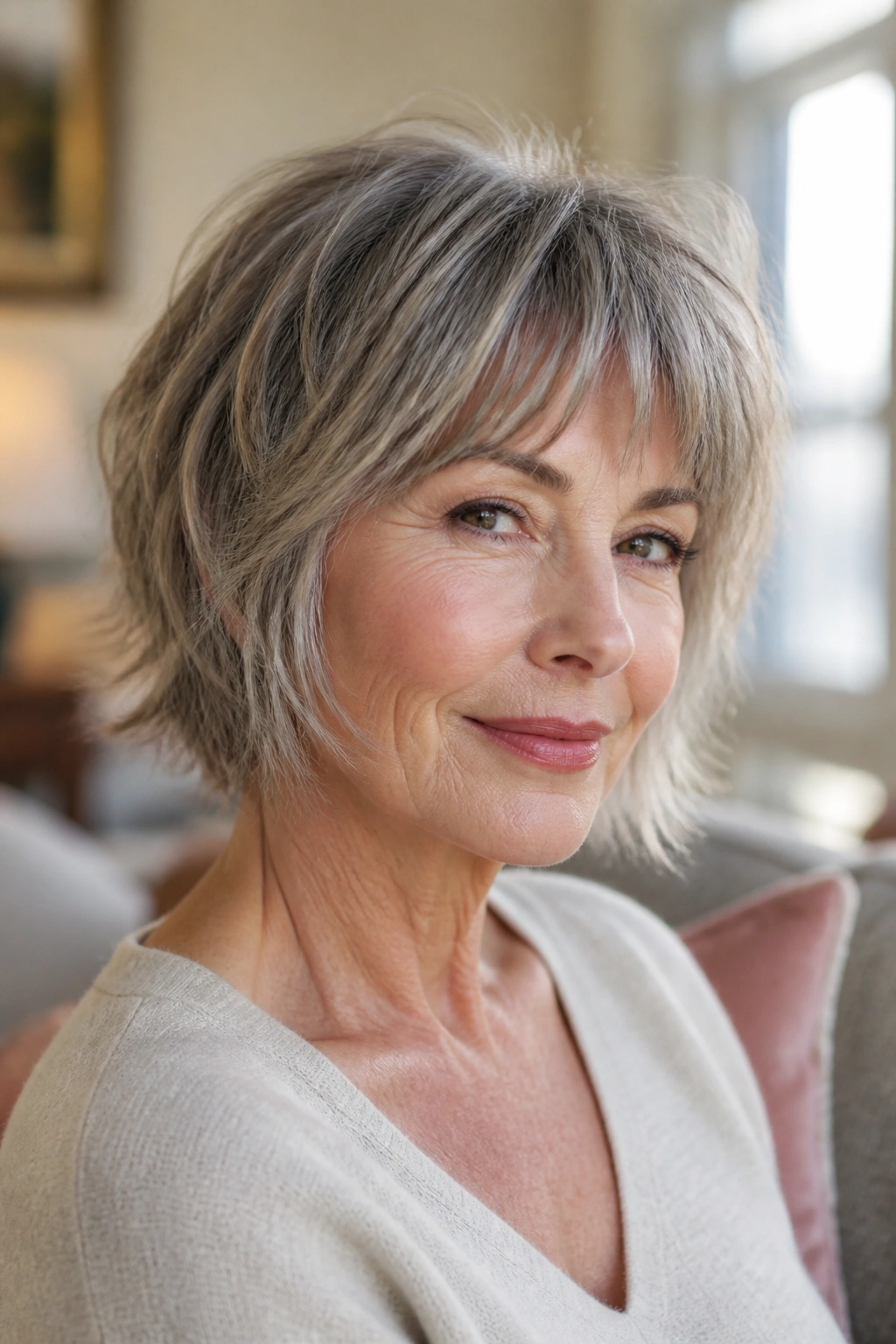 Close-up portrait of a real woman with chin-length shag and wispy layers in cozy living room light