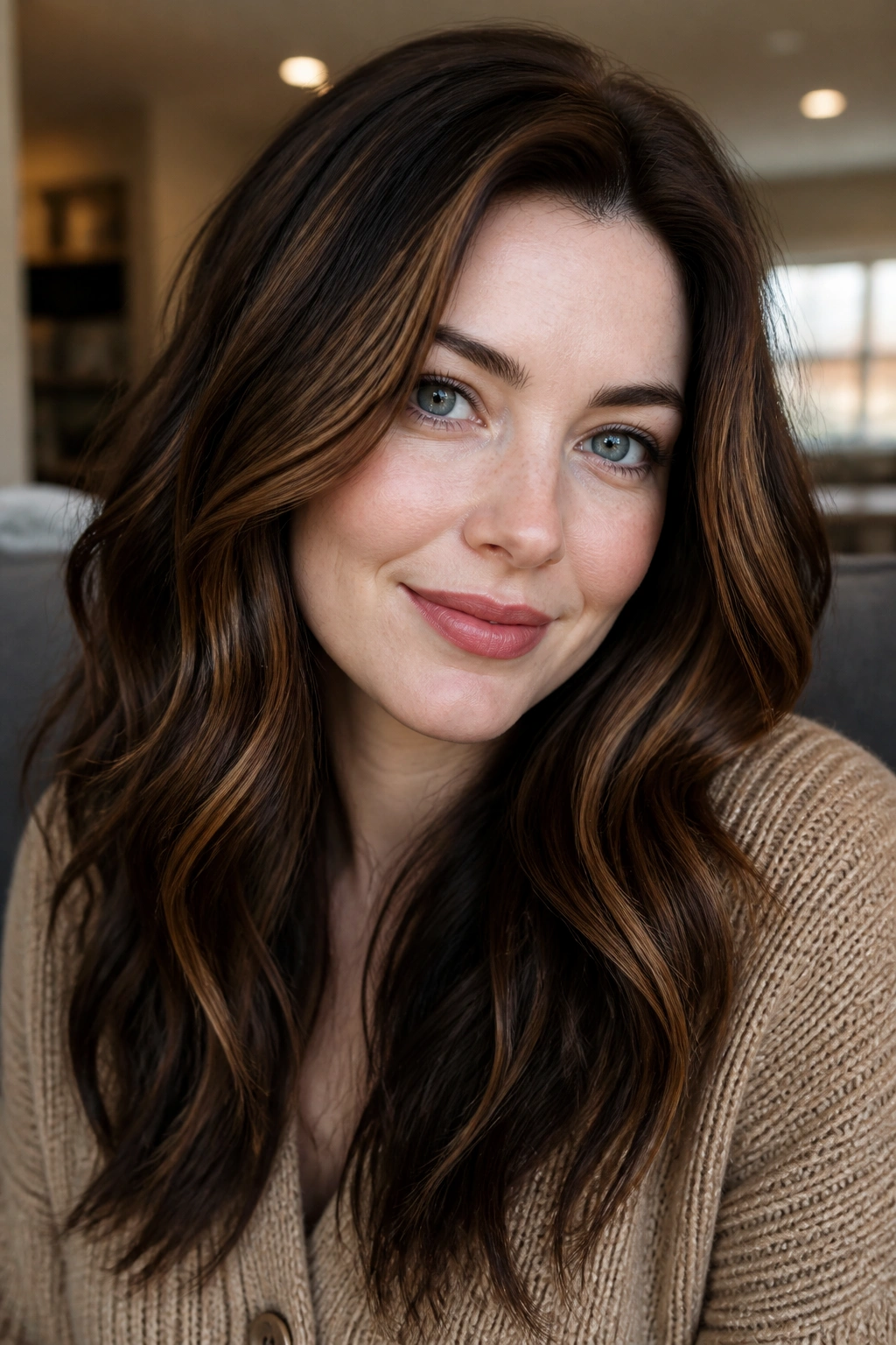 Close-up of pale-skinned woman with chocolate brown hair and caramel highlights