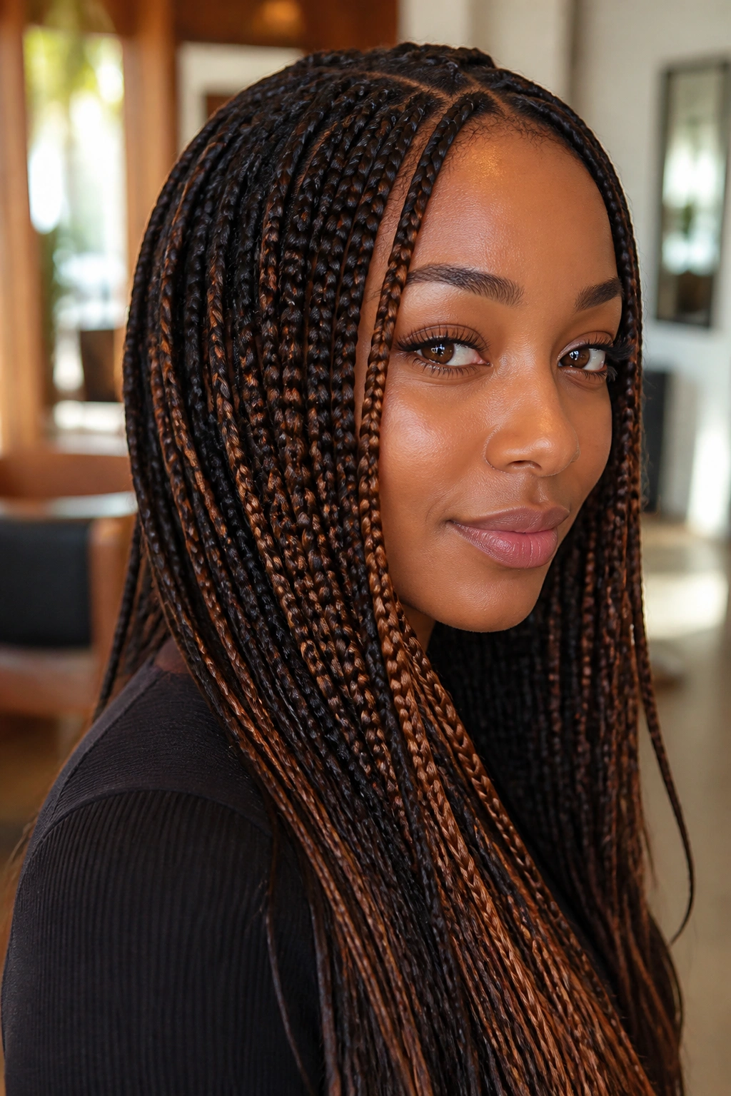 Close-up of real person with chocolate and caramel knotless braids