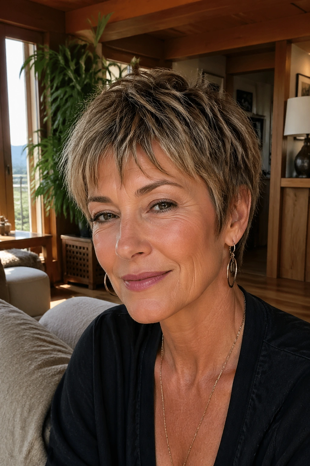 Close-up of a woman with a textured choppy crop and micro layers.