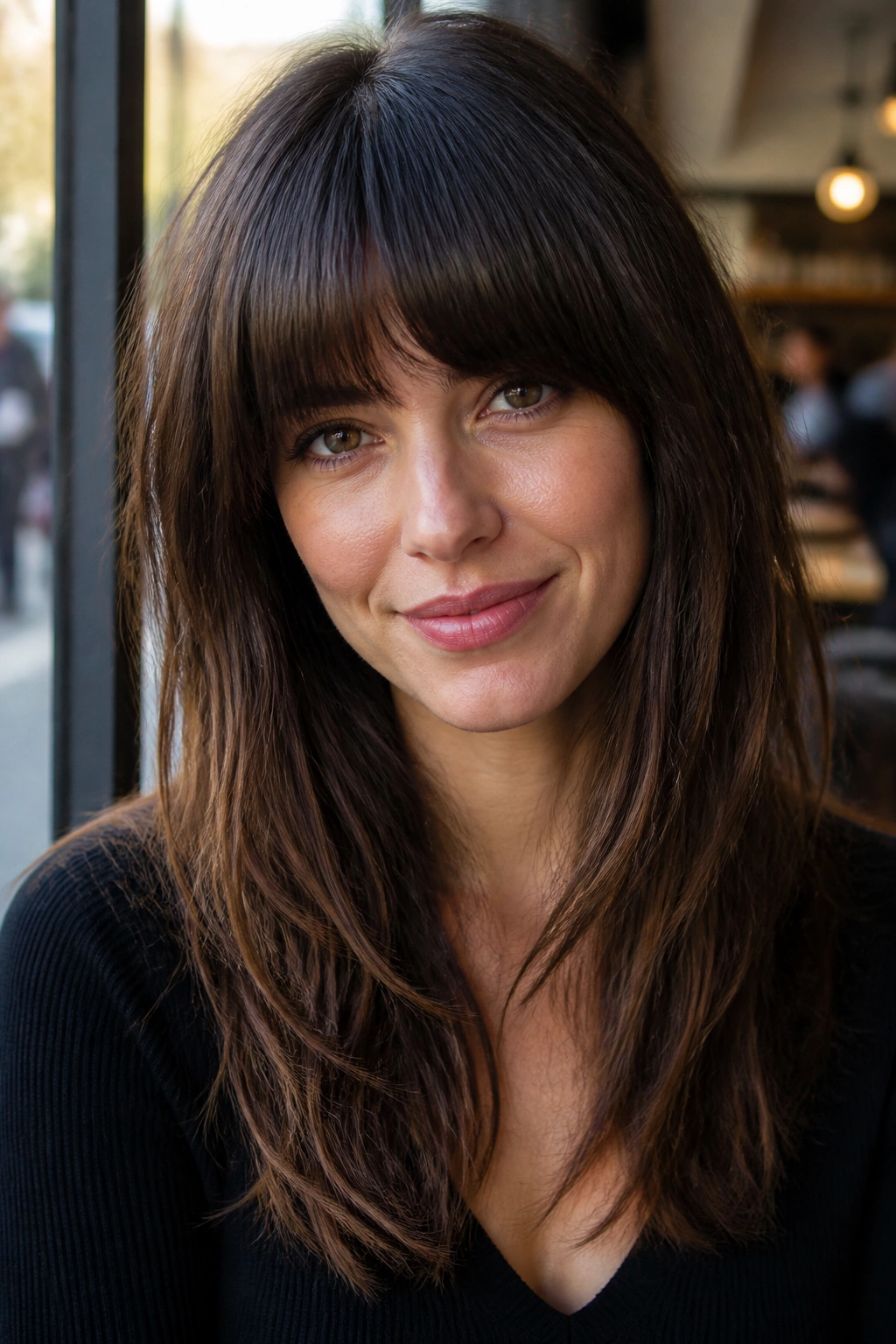 Close-up of a real woman with choppy ends and rounded bangs in a cafe setting