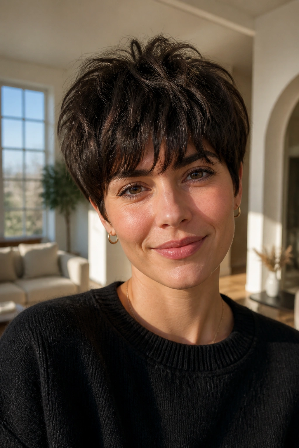 Close-up of a real person with choppy mop-top pixie