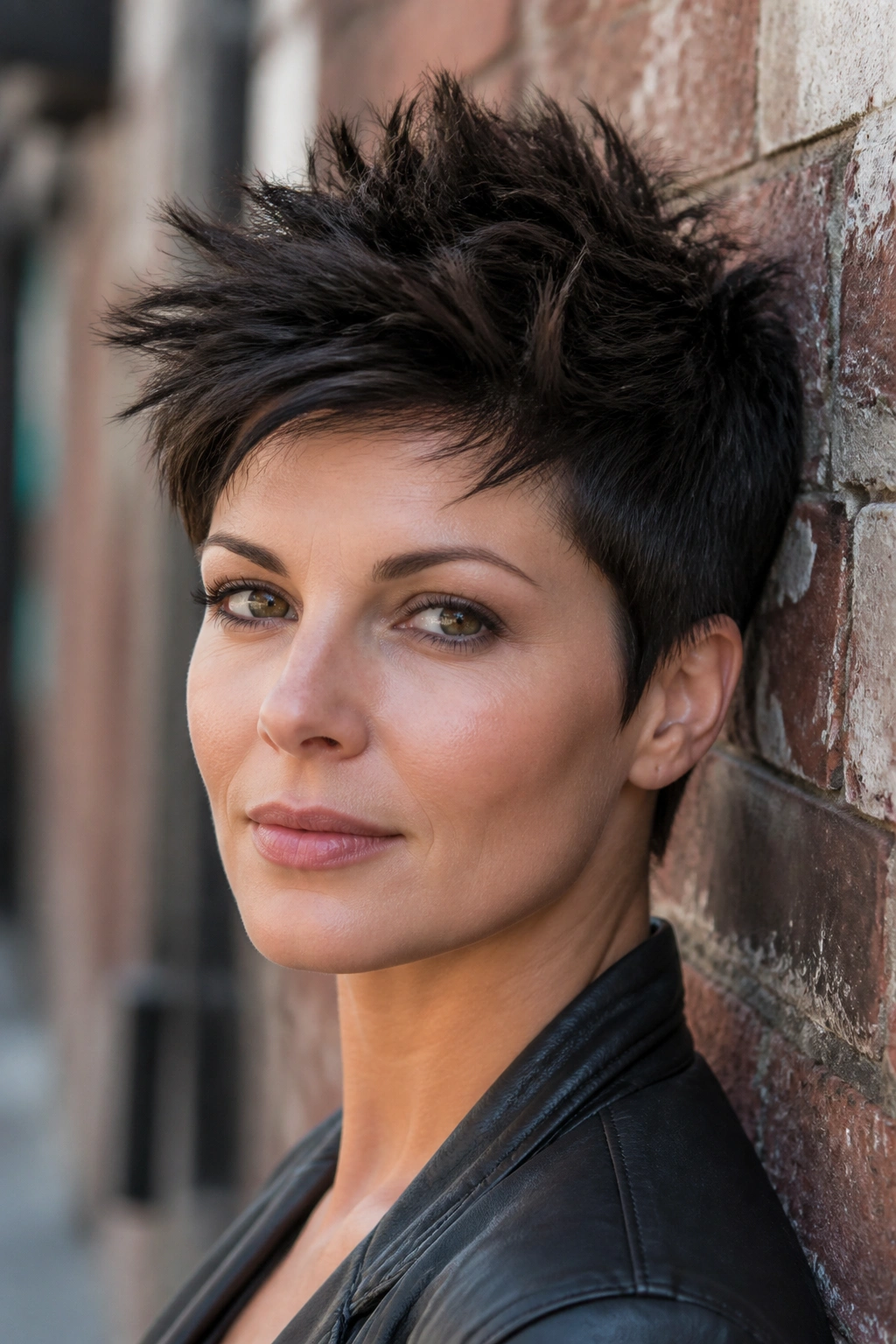 Close-up portrait of a real woman with a choppy pixie and spikes, outdoor brick wall.