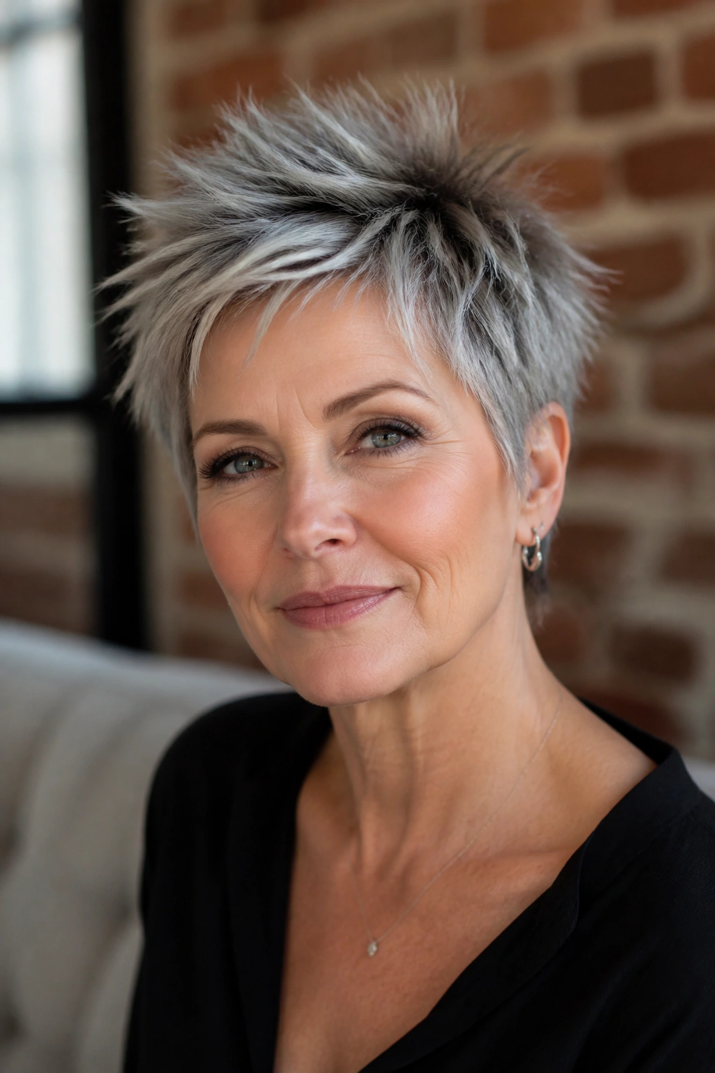 Real woman with a choppy spiky pixie hairstyle in an urban loft