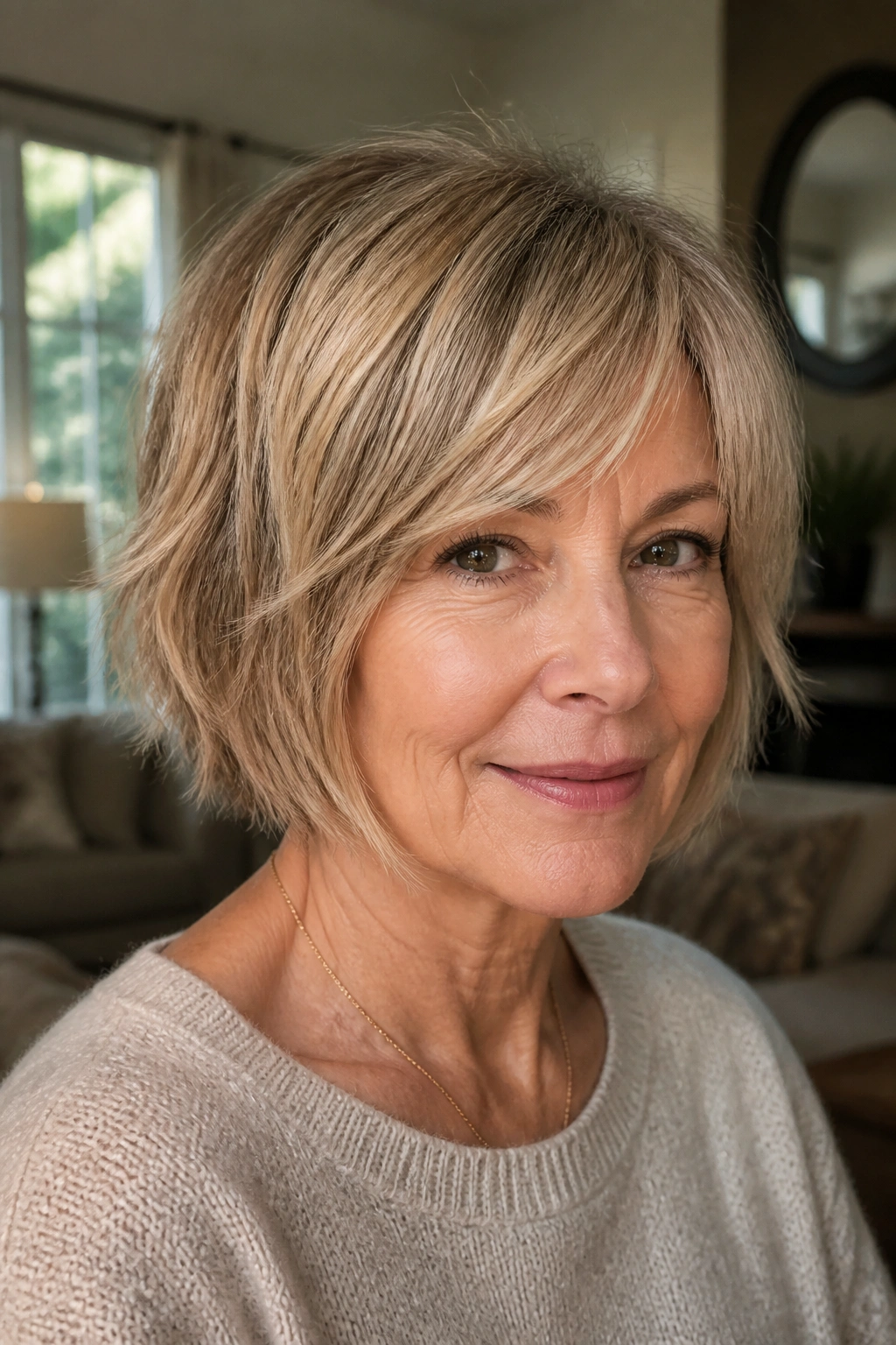 Close-up of a real woman with a choppy textured bob in warm natural light