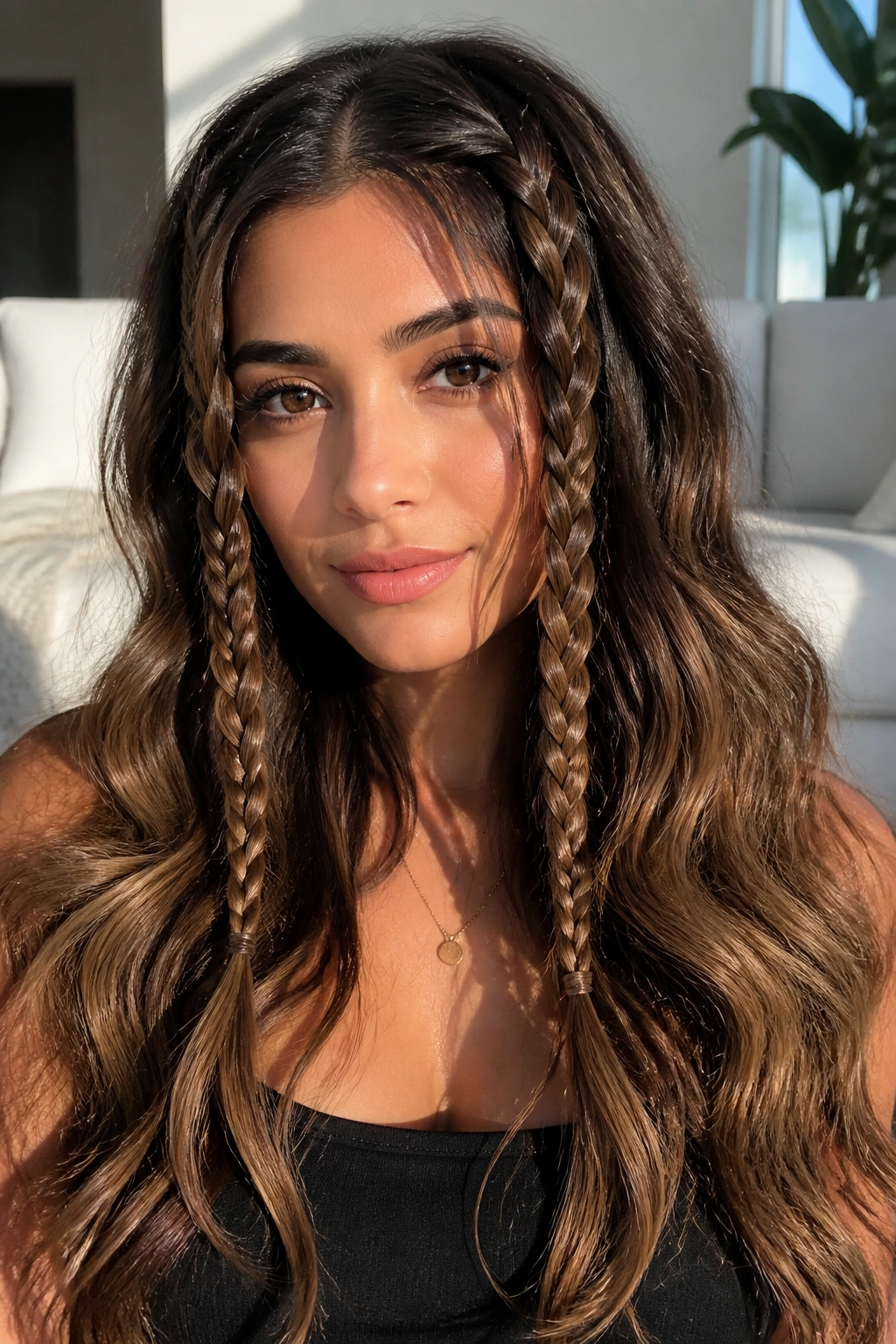 Close-up of a real woman with chunky front braids and flowing waves