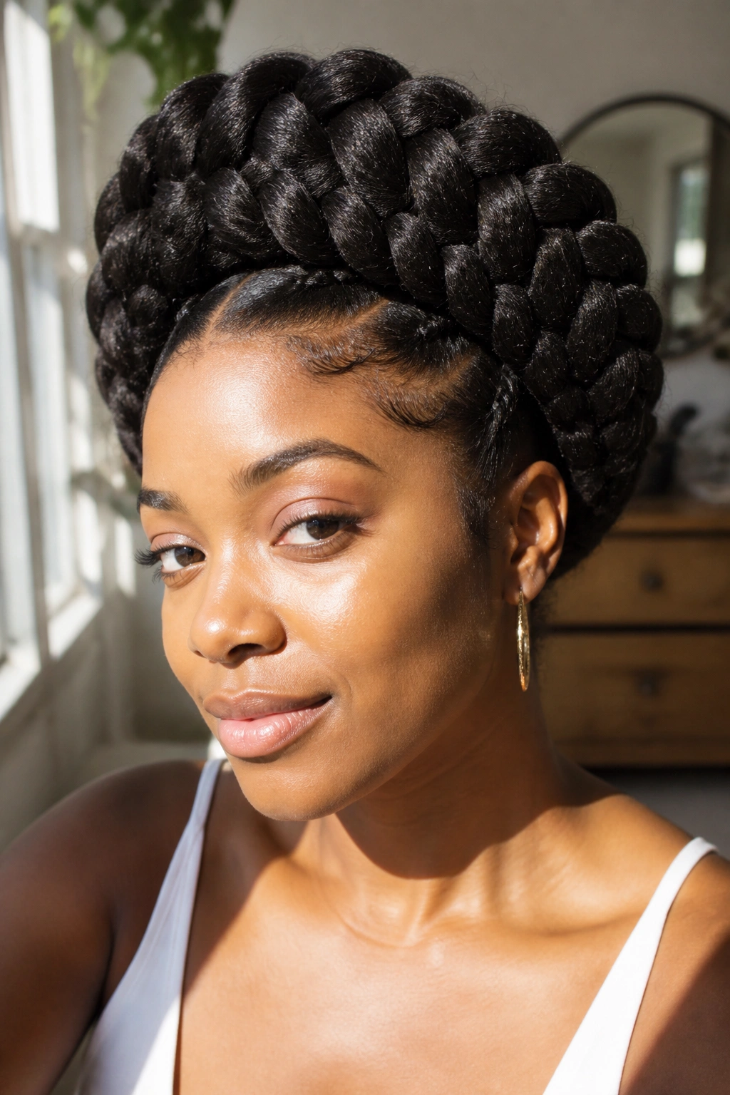Close-up of a real person with chunky goddess halo braids around the head