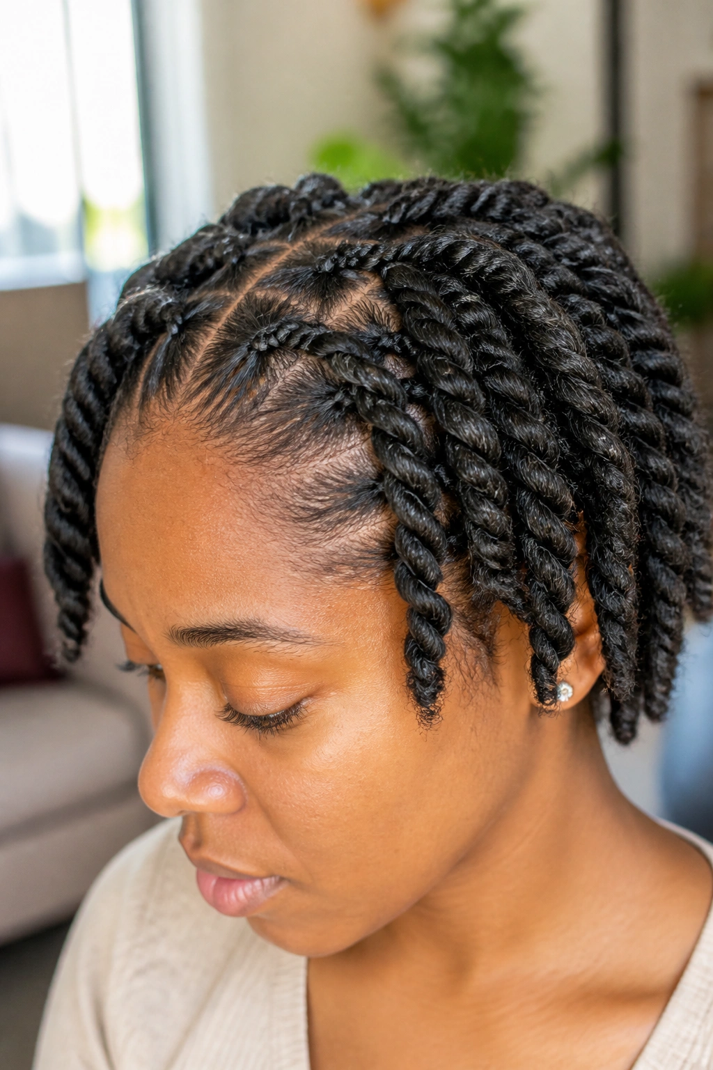 Close-up of chunky two-strand twist braids on short natural hair.