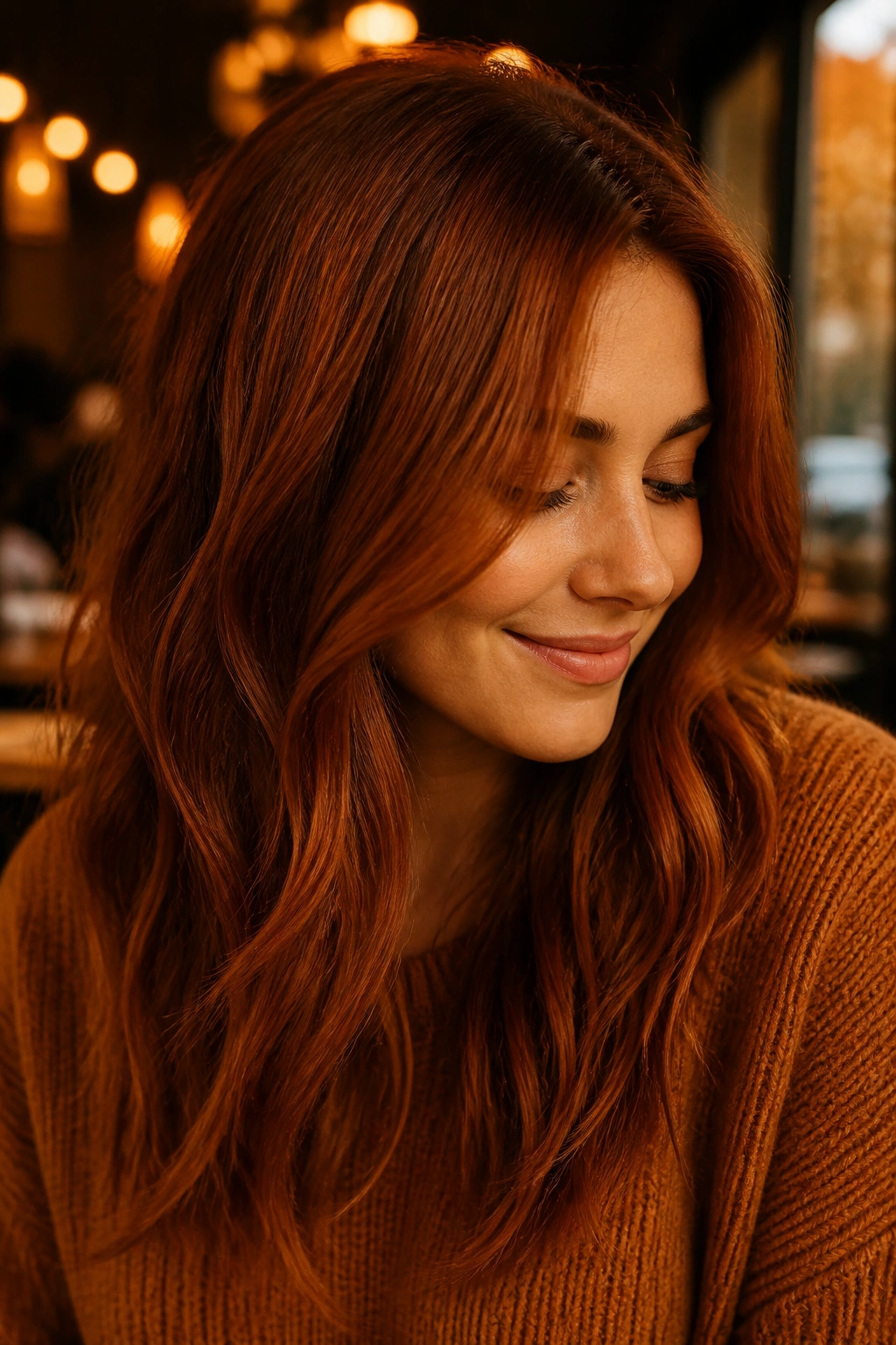 Close-up portrait of a woman with cinnamon brown hair