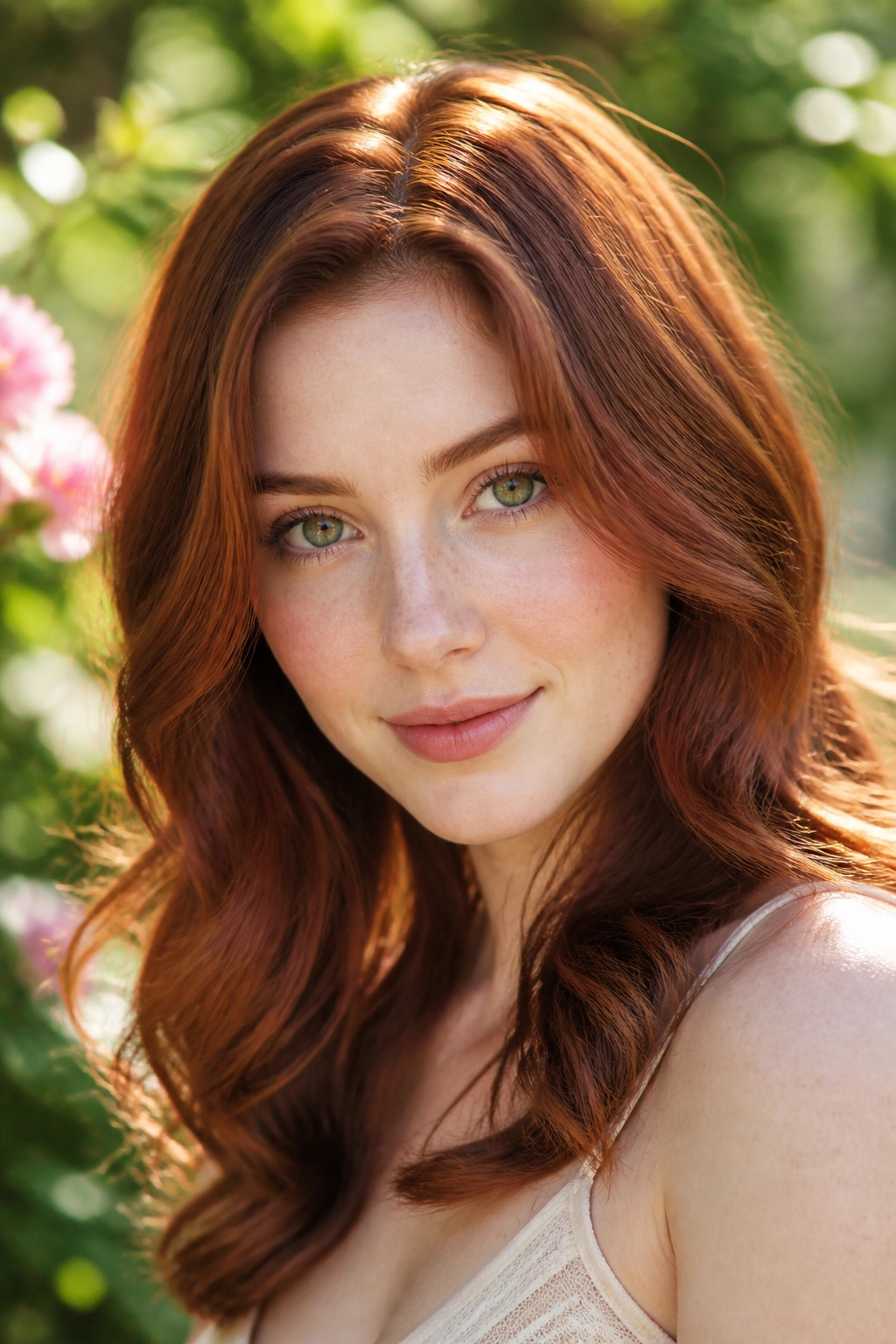 Close-up of pale-skinned woman with rich auburn hair in natural sunlight