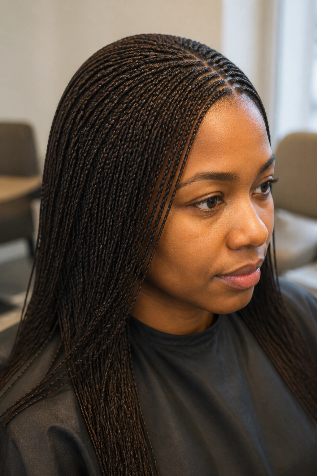Close-up of a real woman with classic human hair micros in a salon