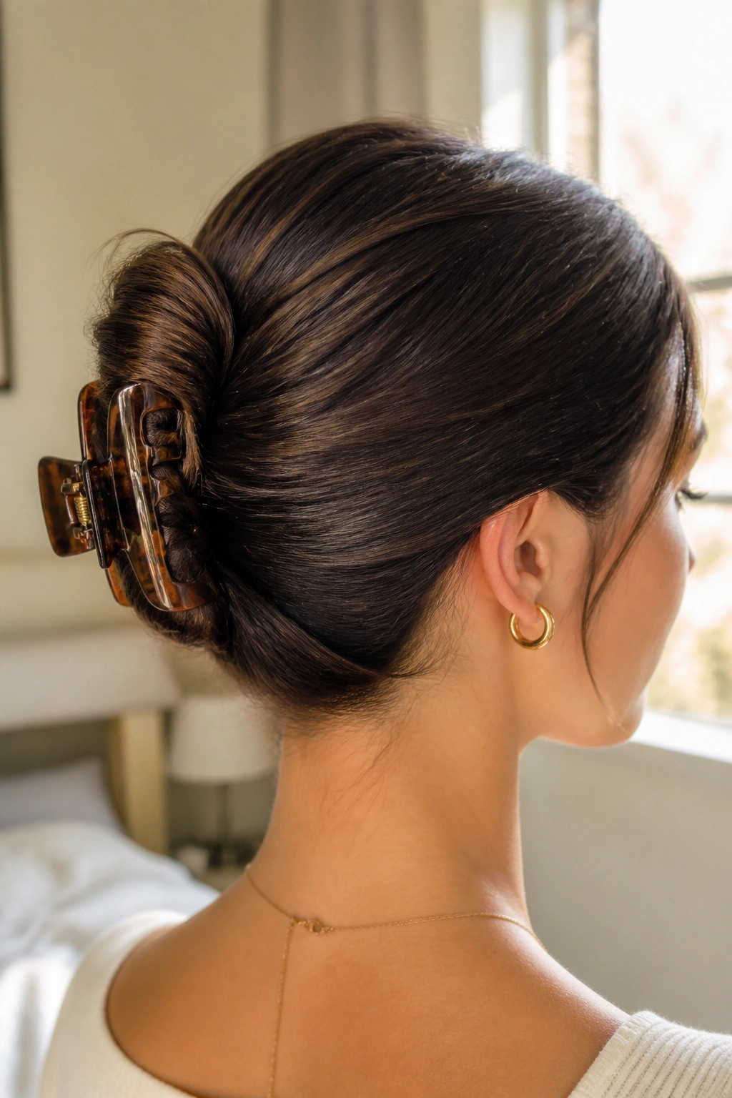Close-up of a real woman wearing a claw-clip updo with a smooth tuck.