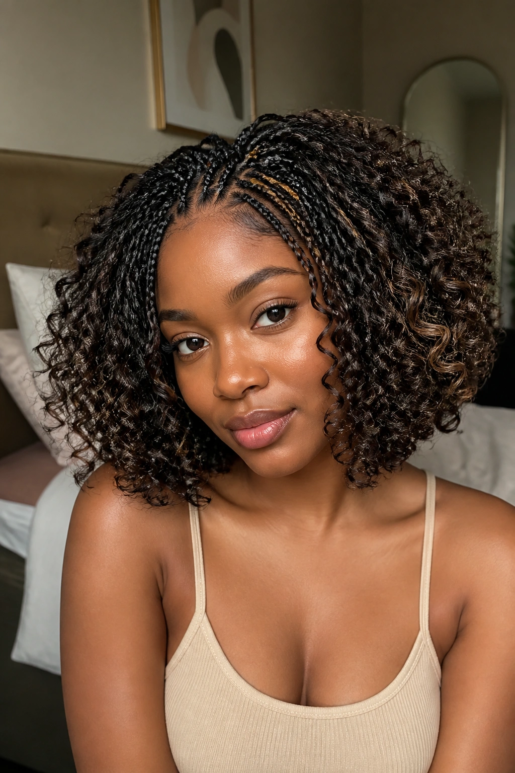 Close-up of a real woman with the Cloud Bob featuring short braided roots and long curly ends.