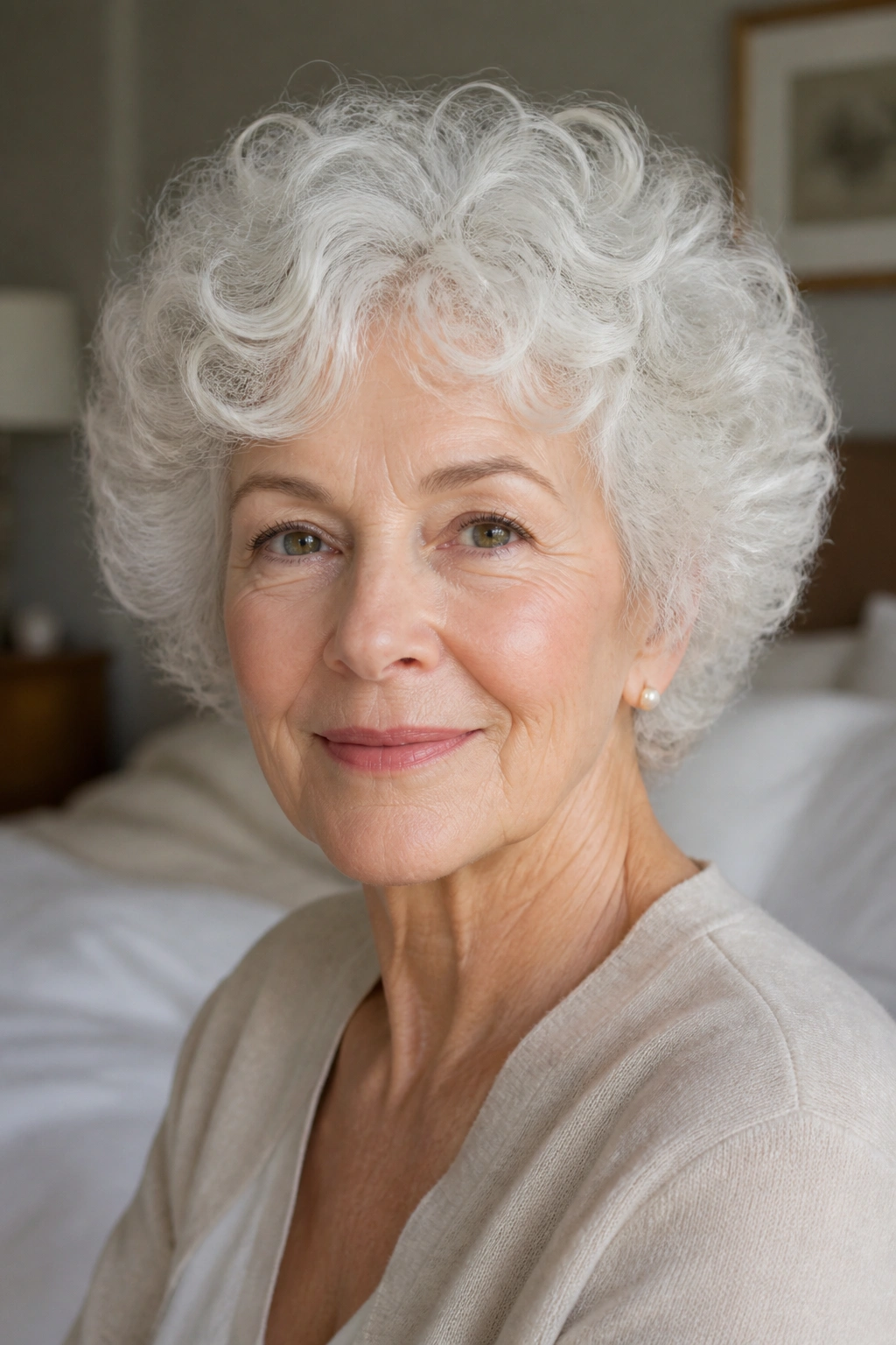 Close-up portrait of a senior woman with soft cloud-cut hairstyle in soft light