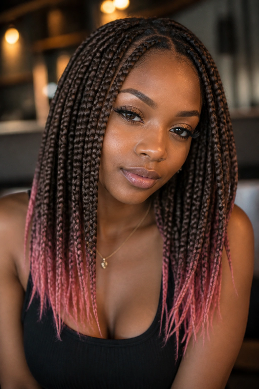 Close-up portrait of a real person with coffee brown hair and strawberry pink tips