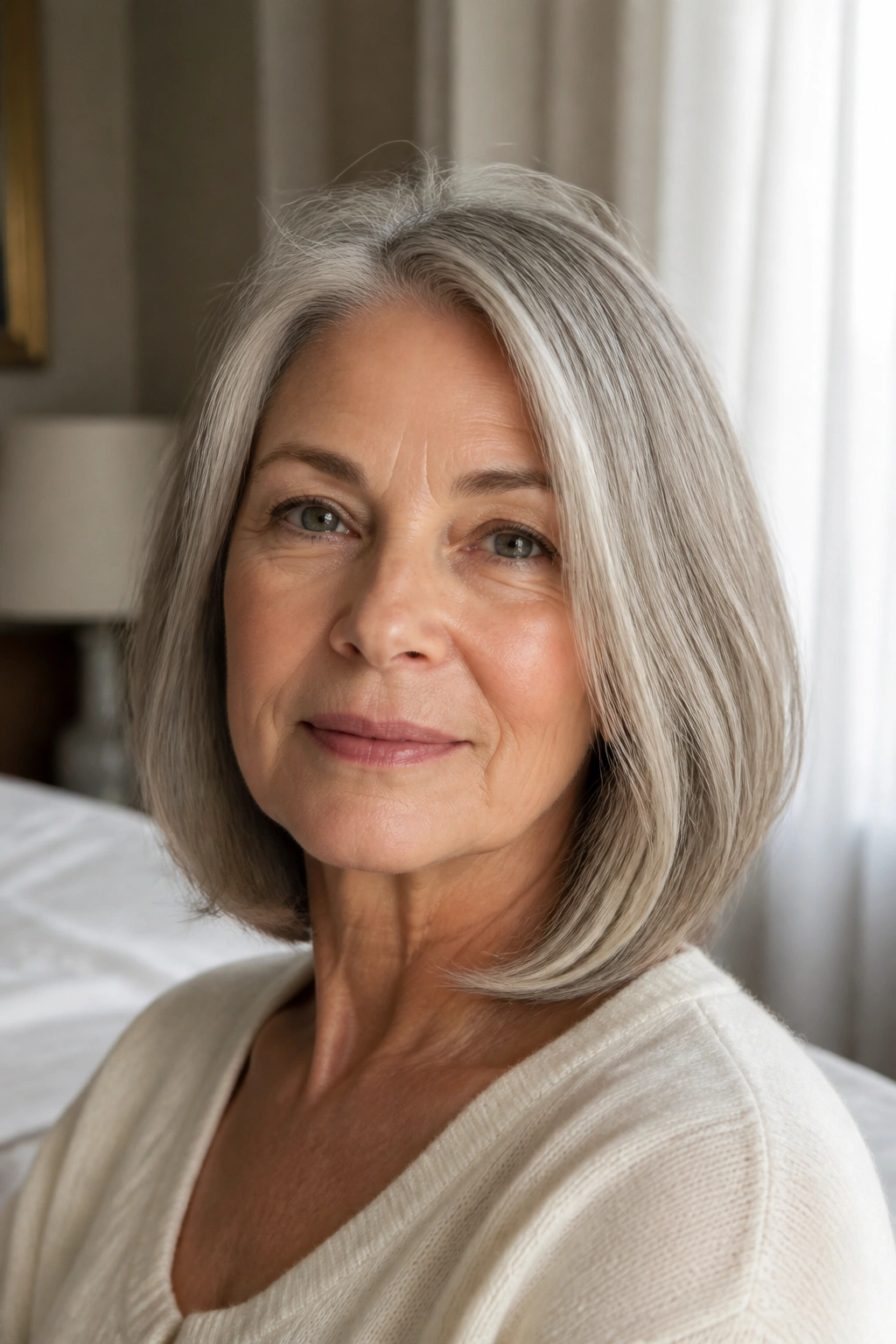 Close-up portrait of a mature woman with a collarbone-length bob in natural light