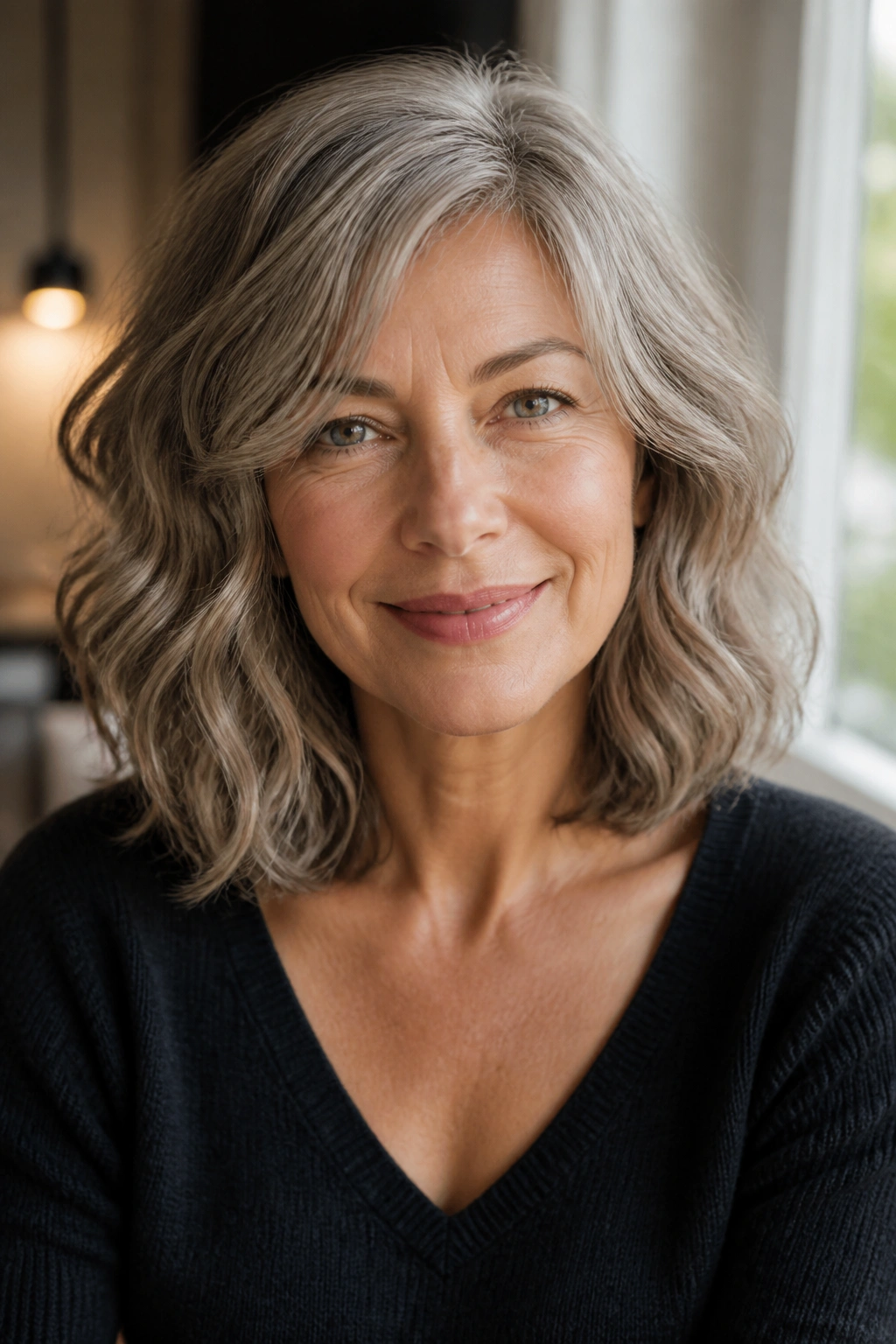 Close-up portrait of a woman with collarbone-length wavy hair