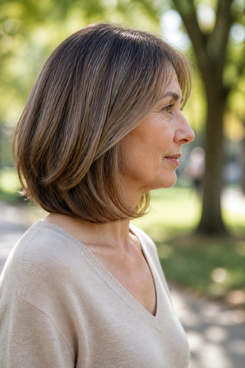 Side-profile real woman with collarbone-length lob-bob and invisible layers