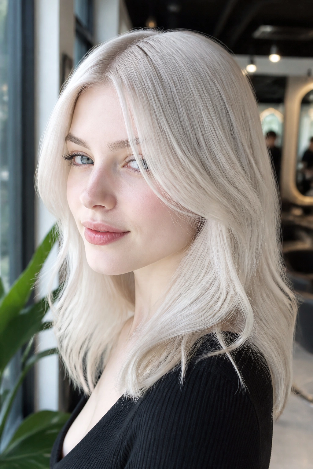 Portrait of a real woman with cool platinum blonde hair in soft window light