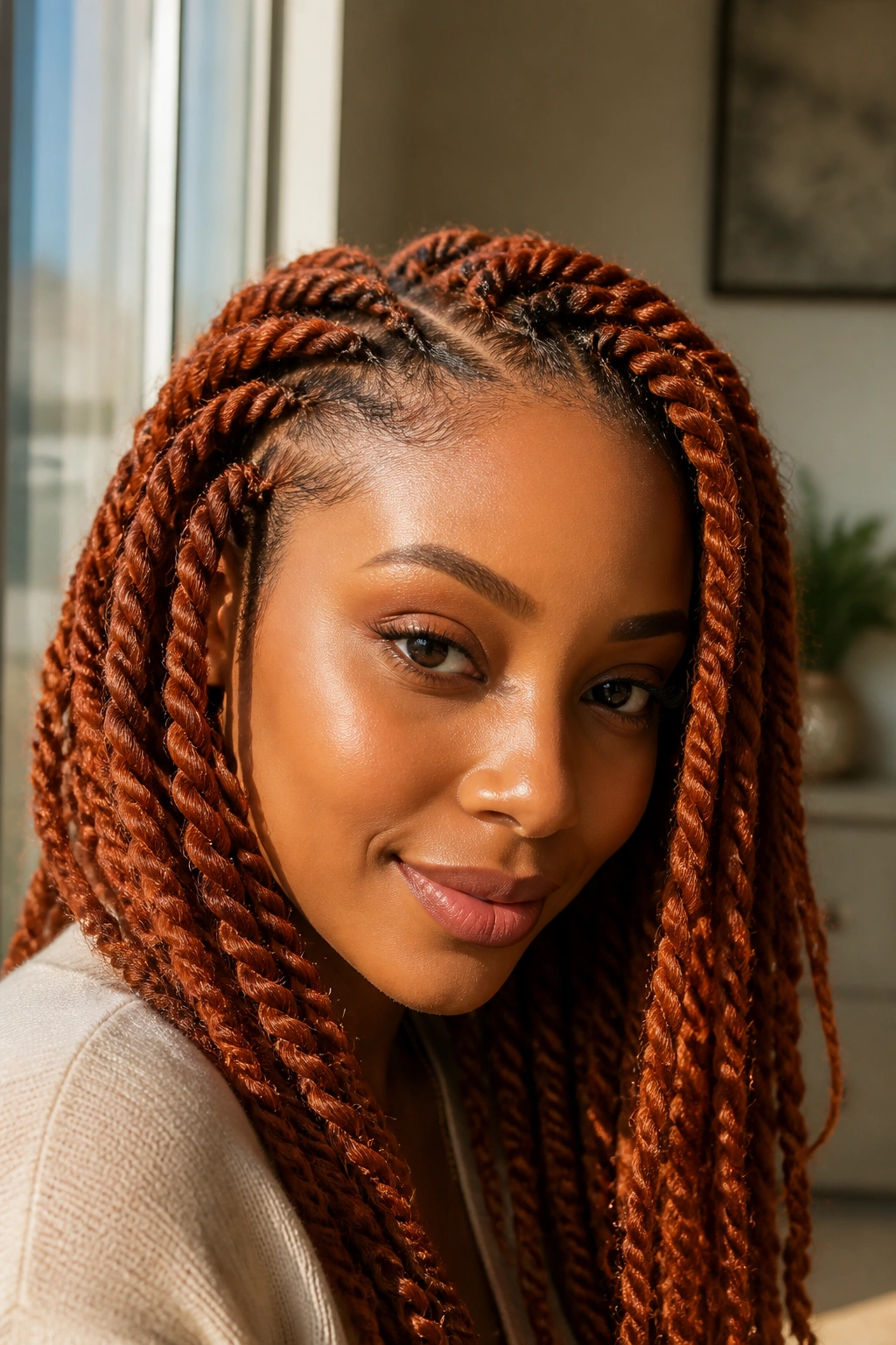 Close-up of copper-toned afro twists on a real person with warm lighting