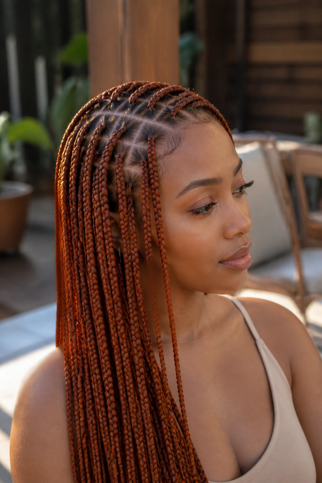 Close-up of copper-toned triangle-part knotless braids with warm glow.