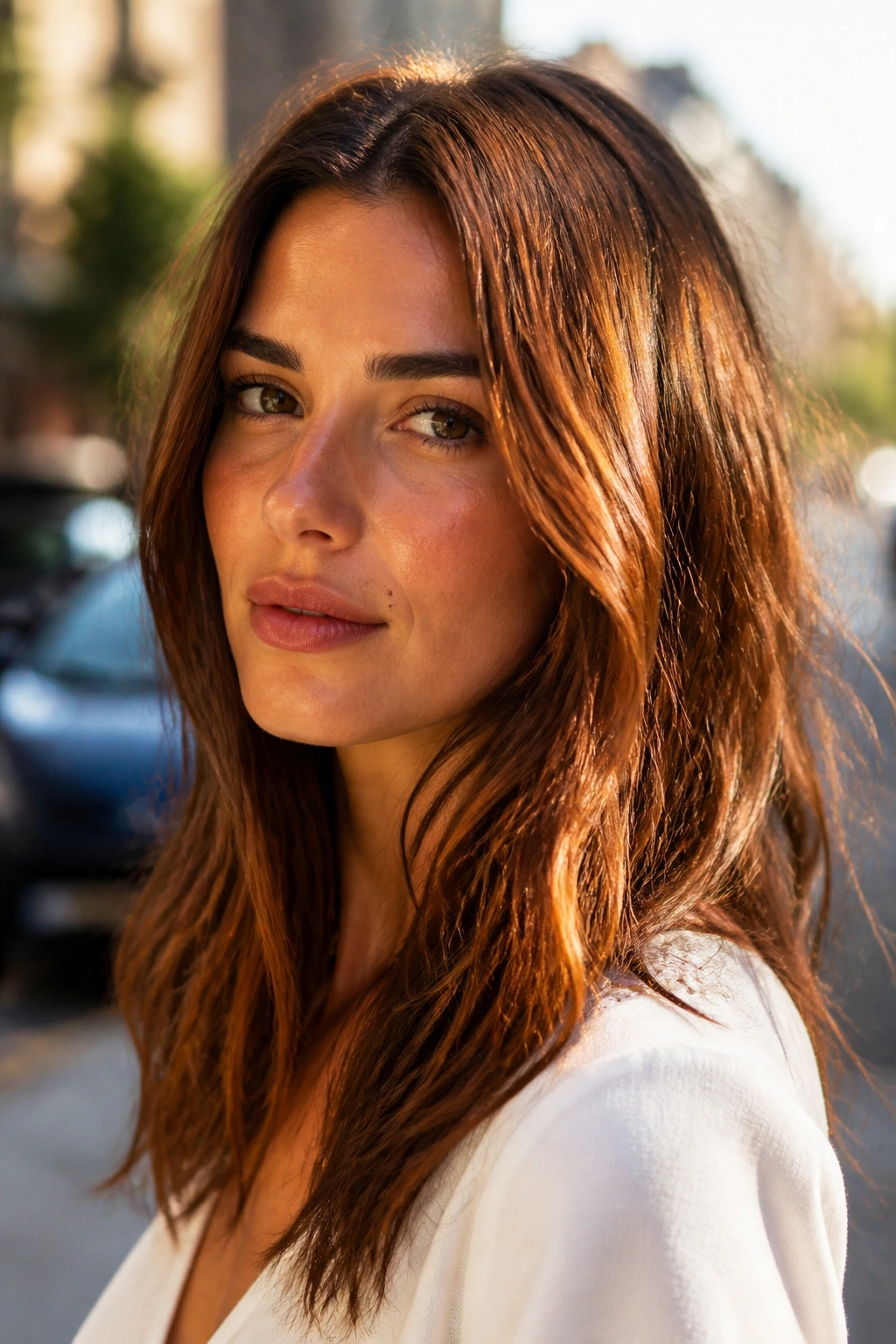 Portrait of a person with copper brown hair catching sunlight.