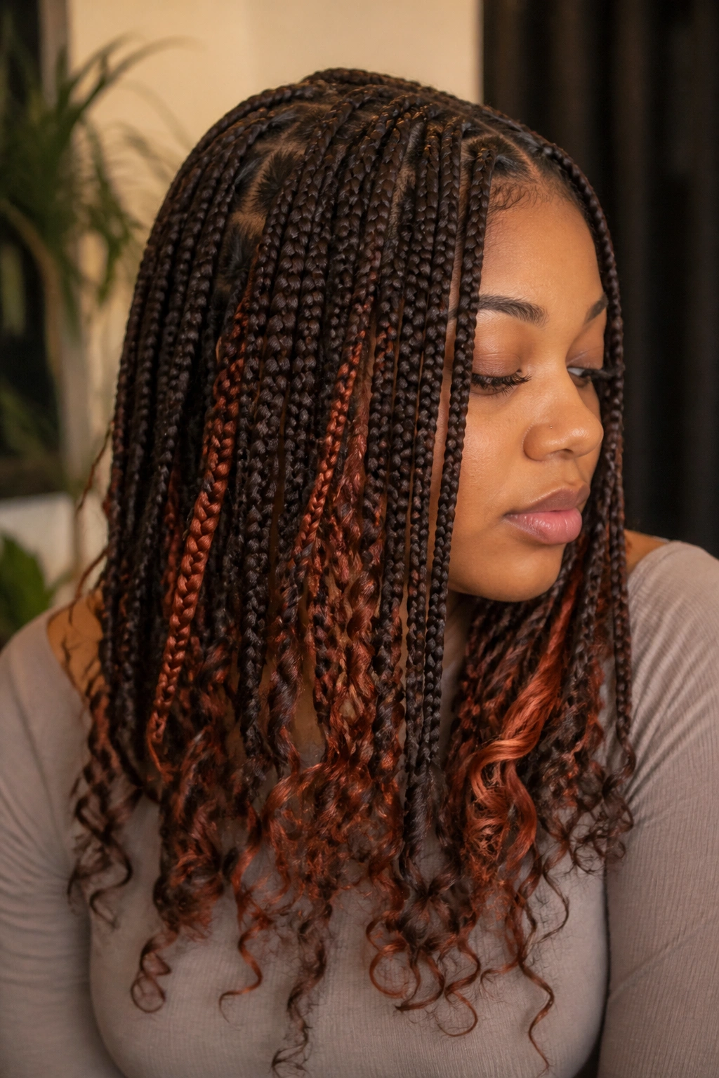 Close-up of hair with copper peekaboo under brown base