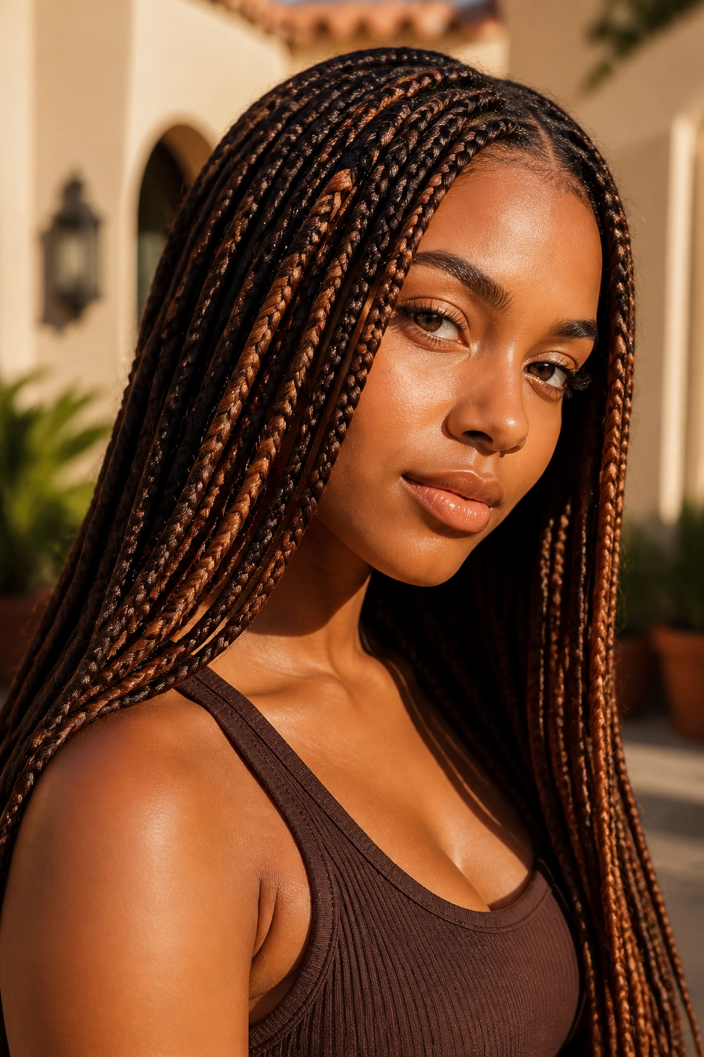 Close-up of real person with copper highlights in knotless braids catching golden hour light