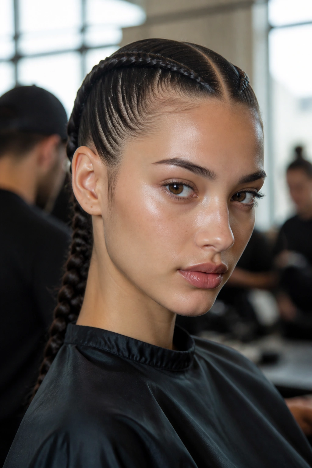 Close-up of a real woman showing symmetrical cornrows merging into a single thick braid at the back