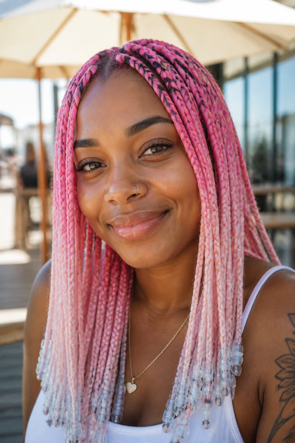 Real person with cotton candy pink ombre knotless braids and frosted sea glass beads