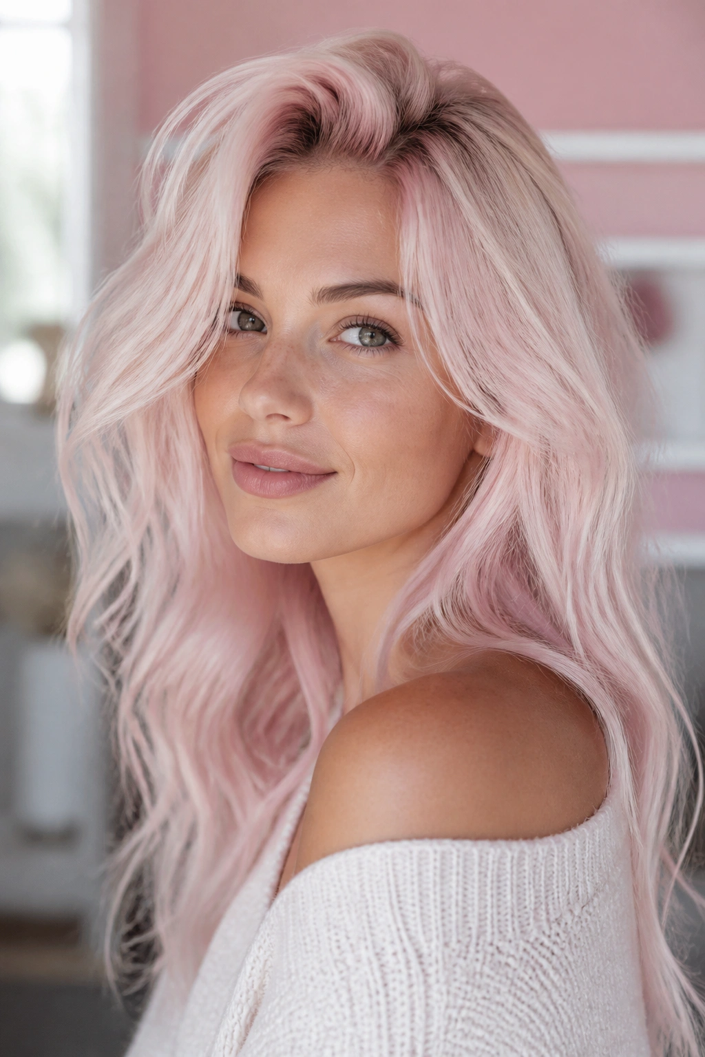 Close-up portrait of a real woman with pastel pink-tinted cotton candy platinum hair