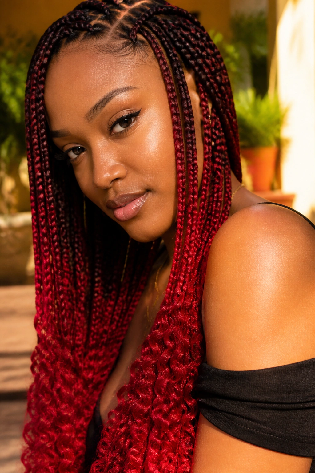 Close-up portrait of a real woman with crimson ombre peekaboo braids