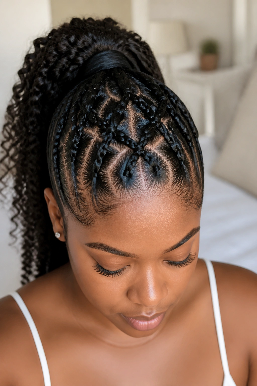Woman with criss-cross bubble sections on the front hairline