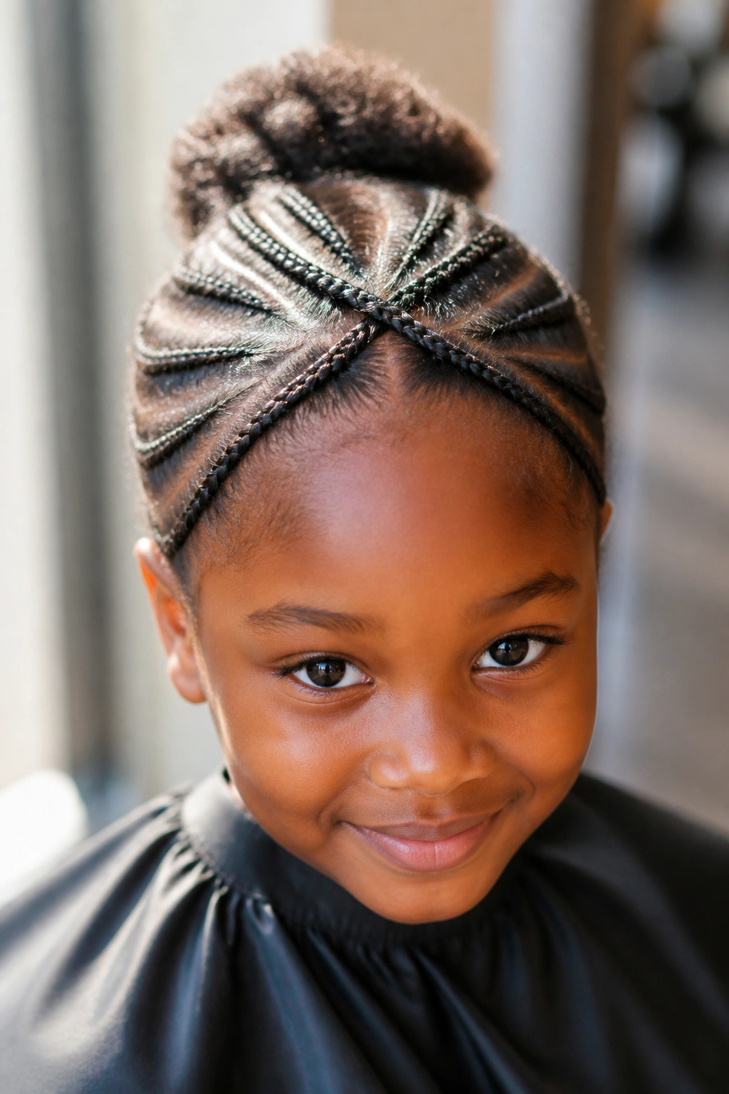 Child with criss-cross frontal cornrows forming an X at the hairline.
