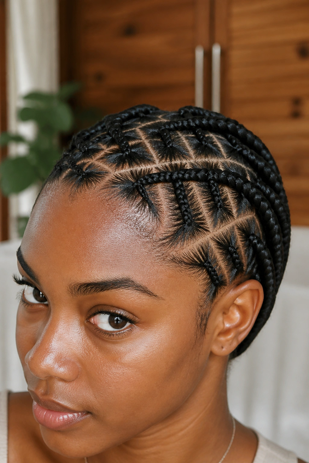 Frontal X-pattern criss-cross braids on a real person