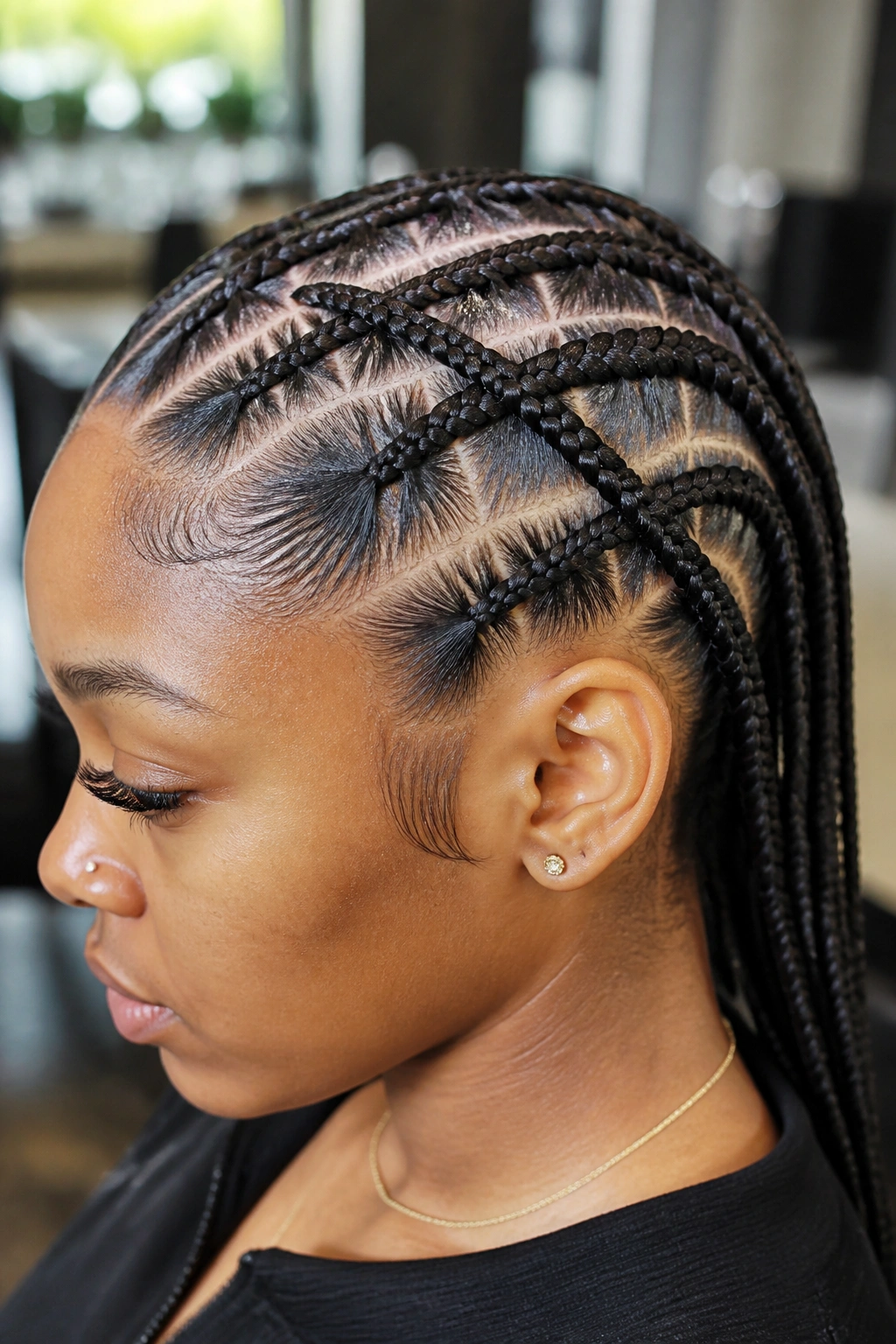 Close-up of criss-cross slicked back cornrows forming an X pattern