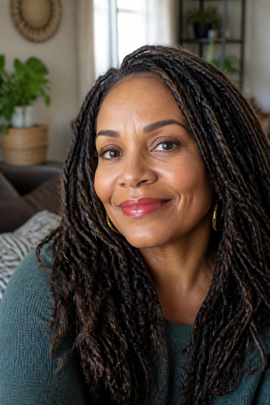 Real woman wearing crochet faux locs with distressed texture